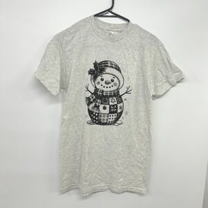 Patchwork Snowman Christmas Tee Small Cozy Winter Holiday Graphic Shirt